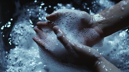 Fototapeta premium A pair of hands washing with soap under running water in a modern bathroom, with foam bubbles forming around the hands.