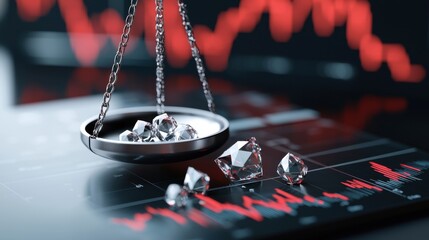 Diamonds on scales over digital stock market graph with red trend line