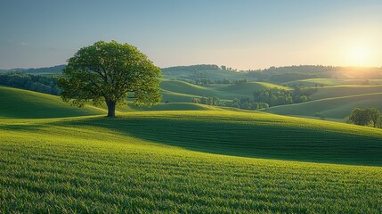 Lone tree sunset rolling hills farmland landscape
