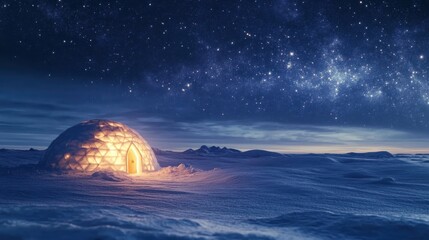 A glowing igloo under a starry night sky in a snowy landscape.