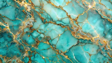 Iridescent turquoise marble surface with intricate patterns and shimmering gold accents creating a mesmerizing abstract background, elegance, background