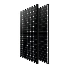 Two black solar panels positioned at a slight angle. Each panel features a grid of square photovoltaic cells with a glossy finish, highlighting their efficiency and aesthetic appeal.
