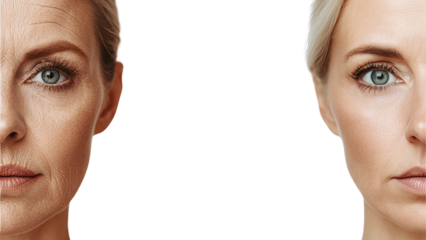 Middle-aged woman in her 50s, half-face close-up, before and after faces, white background, advertising dry skin care, anti-age beauty treatments, plastic surgery.