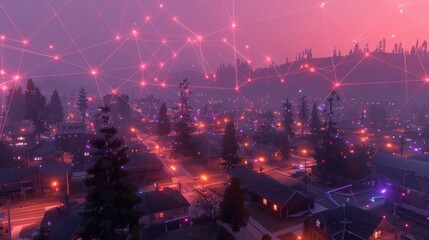 Obraz premium Futuristic cityscape at dusk with glowing lights and network connections over a suburban area