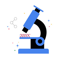 Microscope And DNA Strand In Flat Vector Illustration Symbolizing Scientific Research, Microbiology, And Laboratory Analysis, Isolated On White Background