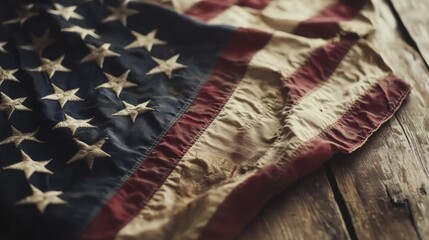 Worn American flag draped on rustic wooden surface, evoking a sense of history and patriotism