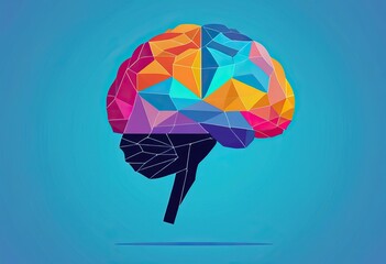 Colorful geometric low poly brain illustration blue background