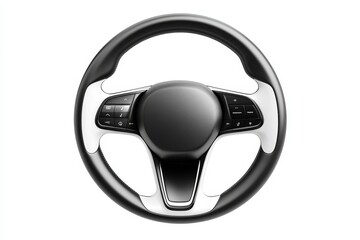 Close up of a steering wheel with a black and white design
