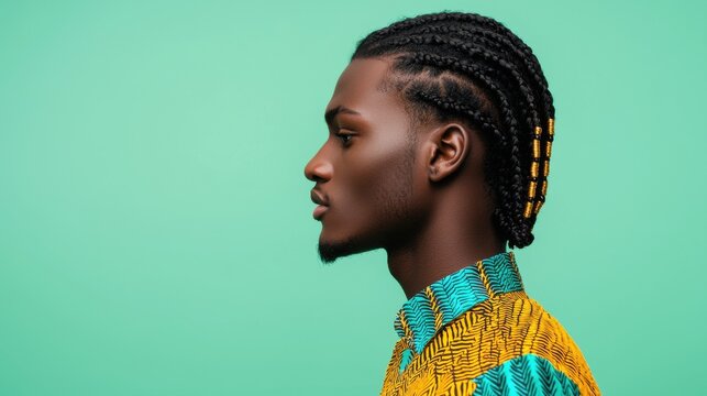 Fashion hair cut creative concept. Confident African Man with Braided Cornrows and Golden Beads