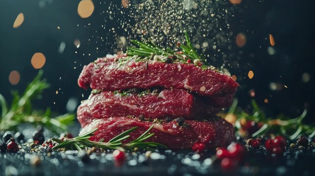 Raw Beef Steak Tower Seasoned Tenderloins with Herbs, Peppercorn, and Salt in Mid-Air Sprinkle.