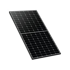 Rectangular solar panel with grid-patterned photovoltaic cells tilted at an angle against a white background. Showcasing advanced renewable energy technology.