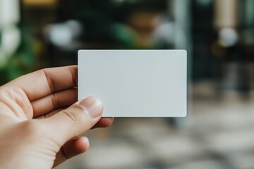 Close-up of hand holding blank white card in office setting