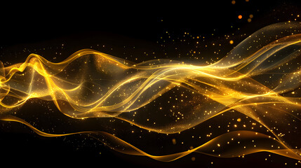 Fototapeta premium Abstract golden waves with sparkling particles on a dark background.