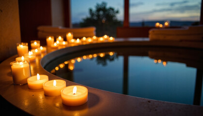 Earth Hour. Serene relaxation with glowing candles around tranquil pool, peaceful ambiance