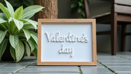 Wooden Frame Valentine's Day Scene with Lush Green Plant beneath