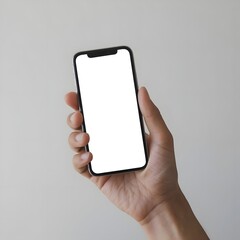 Photo of a hand holding a mobile phone. Plain white color is displayed on the smartphone.