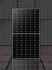Rectangular solar panel with grid-patterned photovoltaic cells, positioned in an indoor tiled environment. Emphasizing advanced renewable energy technology and efficient solutions.