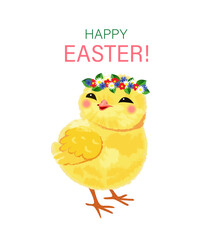 Cute Easter chick with floral wreath. Happy Easter greeting card with adorable yellow baby chicken, spring flowers, and festive typography on white background. Vector