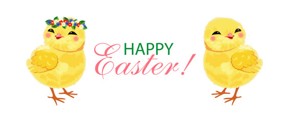 Cute Easter chicks with floral wreath. Happy Easter greeting card with adorable yellow baby chickens, spring flowers, and festive typography on white background. Vector
