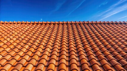 Weathered red tile roof under midday sunlight on blue sky background , natural light, red,  natural light, red, outdoor