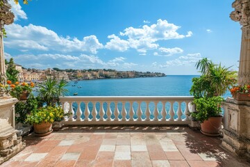 Fototapeta premium Coastal balcony view, Mediterranean sea, Italian town, sunny day, vacation
