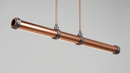 Fototapeta premium Upcycling recycling transformation. A sleek, modern copper pendant light with three sections, suspended by cables against a clean backdrop, showcasing industrial design aesthetics.