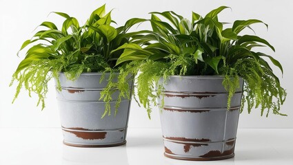 Obraz premium Upcycling recycling transformation. Two potted green plants in rustic gray containers, showcasing vibrant foliage and a fresh, natural aesthetic.