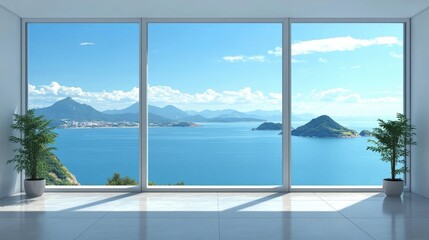 Fototapeta premium Bright Modern Interior with Large Floor-to-Ceiling Window Framed in White, Offering Scenic View of Mountains and Water