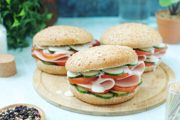 Bun sandwiches with salami and vegetables	