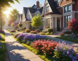 Spring morning neighborhood with houses and blooming flowers, spring, neighborhood, green