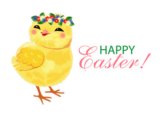 Cute Easter chick with floral wreath. Happy Easter greeting card with adorable yellow baby chicken, spring flowers, and festive typography on white background. Vector