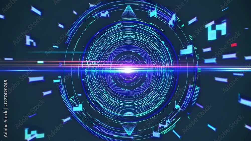 Poster visual journey through futuristic digital worlds with vibrant patterns and motion graphics