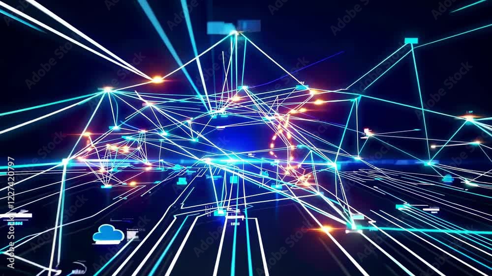 Poster dynamic network visualization showing connections and data flow in a digital environment