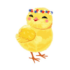 Fluffy baby chick in a floral wreath, smiling and posing – cute spring and Easter illustration. Vector