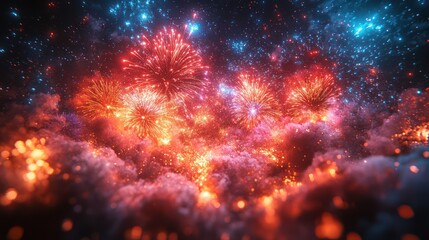 Fototapeta premium Celestial Fireworks Extravaganza: A Night Sky Spectacle of Red, Orange, and Blue Fireworks Bursting Amidst Clouds