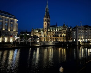 Fototapeta premium Sicht auf das Hamburger Rathaus und Wasser