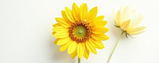 Obraz premium Single sunflower, vibrant yellow petals, pristine white background, studio, plant, petal