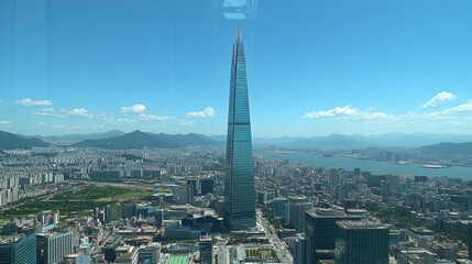 Modern skyscraper towering above sprawling metropolis, urban city landscape, soaring architecture.