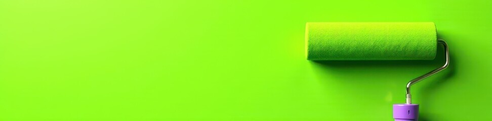 Obraz premium Lime green wall paint application, roller close-up, roller, spring, latex