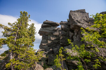 Remnants pillars on Mount Zelenaya. Sheregesh, Russia