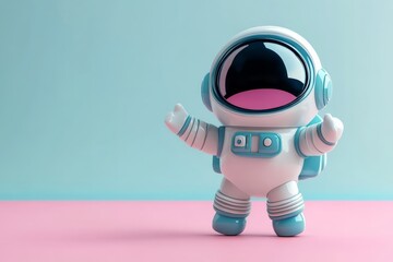 Small astronaut toy stands cheerfully on a colorful backdrop, inviting playful imagination and space exploration fun for children