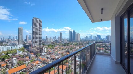 the expansive cityscape seen from the balcony of an apartment building. Tall buildings, busy streets, and vehicles in motion make the city feel alive,