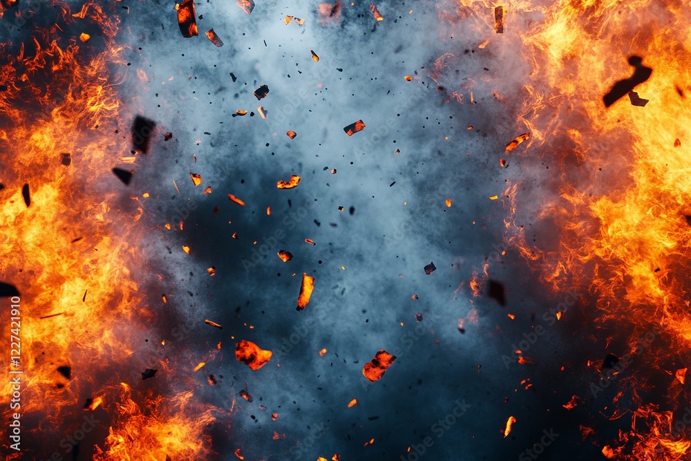 Poster explosive display of flames and debris swirling in the air during a controlled fire demonstration at