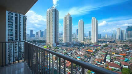 the expansive cityscape seen from the balcony of an apartment building. Tall buildings, busy streets, and vehicles in motion make the city feel alive,