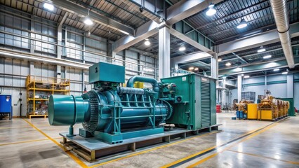 Large industrial generator set on a concrete floor surrounded by metal pipes and electrical equipment, energy production, electrical equipment