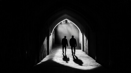 the shadows of two individuals walking under a tunnel walkway. The soft glow from the light above contrasts with the dark surroundings,