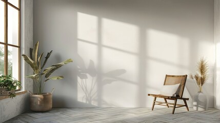 Fototapeta premium Modern minimalist interior featuring a sunlit corner with plants and a wooden chair, creating a serene atmosphere