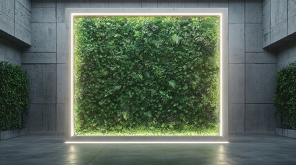 Lush Green Living Wall with Illuminated Frame Showcasing Vibrant Foliage in Modern Interior Setting