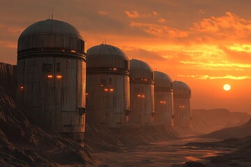 Futuristic settlement on alien landscape during a vibrant sunset with towering structures and atmospheric sky