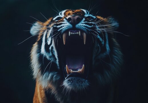 A tiger is shown with its mouth wide open, showing its sharp teeth